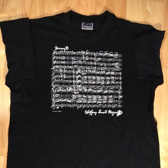 Vintage 90s Wolfgang Mozart Sheet Music Memetto T-Shirt - Picture 1 of 9